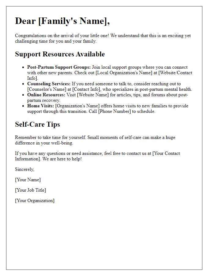 Letter template of post-partum support resources for families.