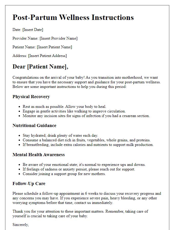 Letter template of post-partum wellness instructions for healthcare providers.