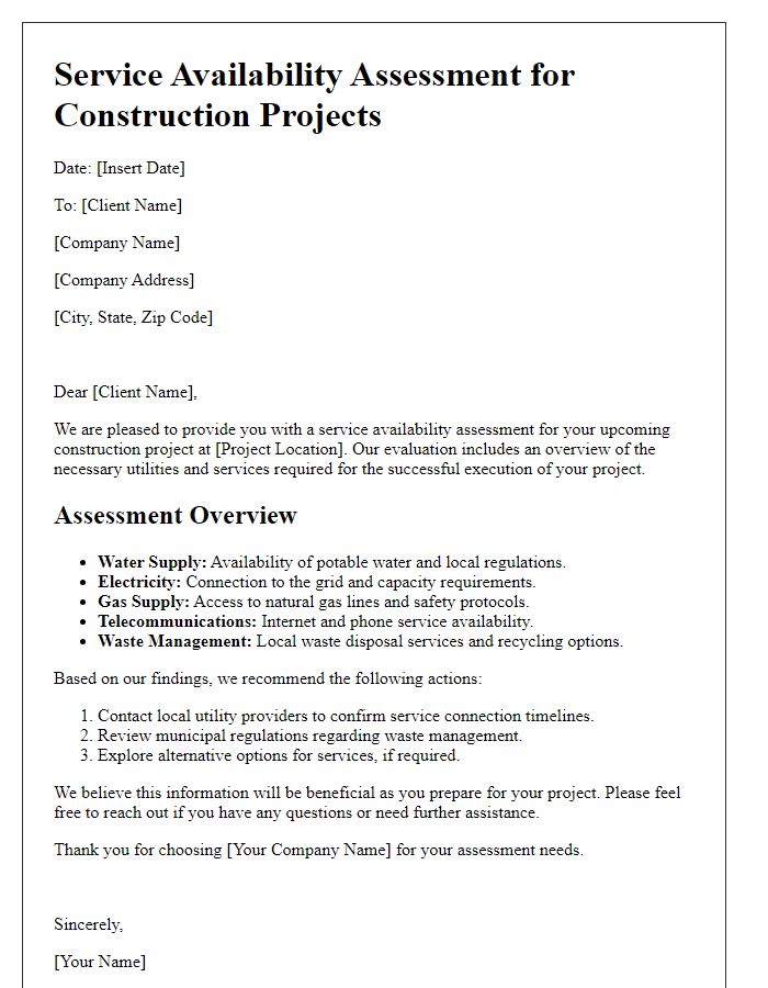 Letter template of service availability assessment for construction projects.