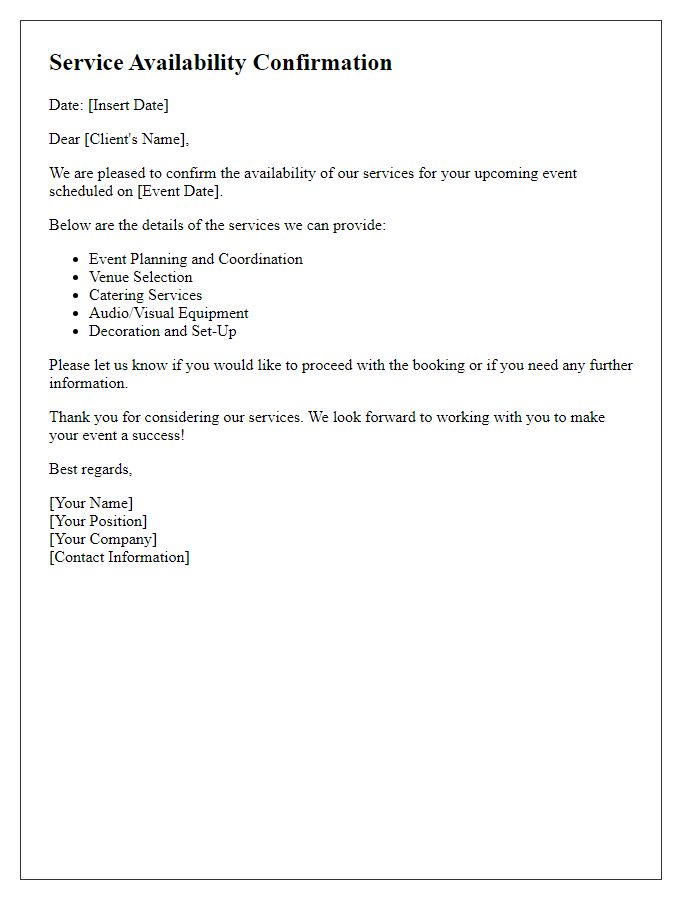 Letter template of service availability confirmation for event planning.