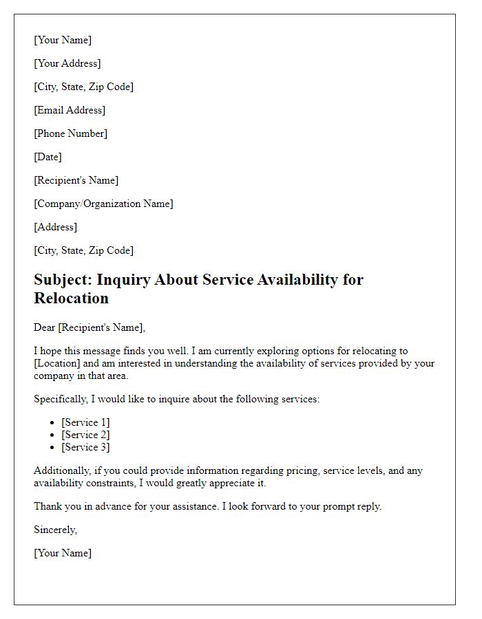 Letter template of service availability exploration for relocation purposes.