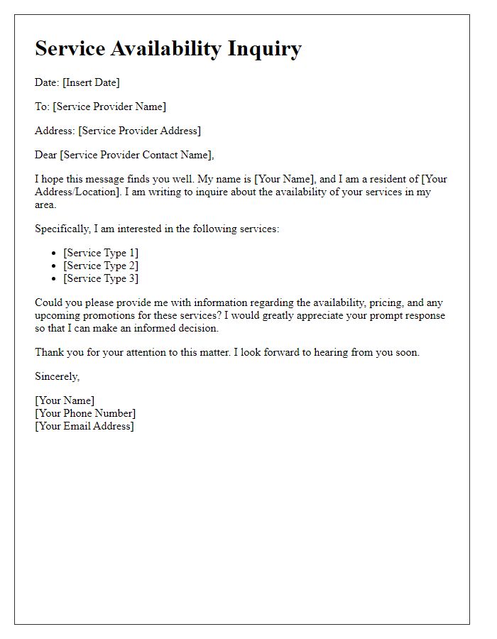 Letter template of service availability inquiry for residential customers.