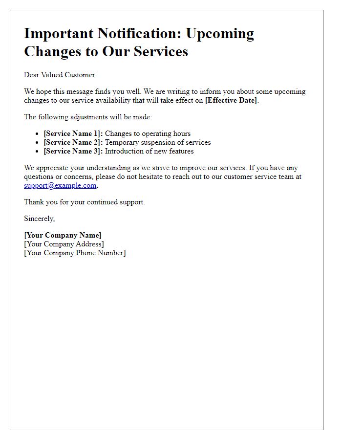 Letter template of service availability notification for upcoming changes.