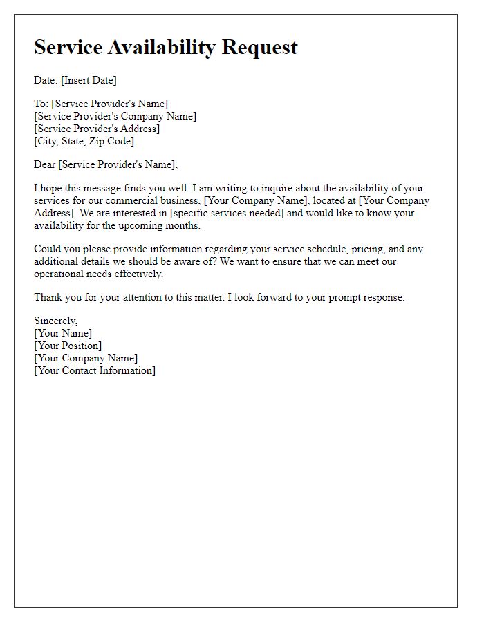 Letter template of service availability request for commercial businesses.