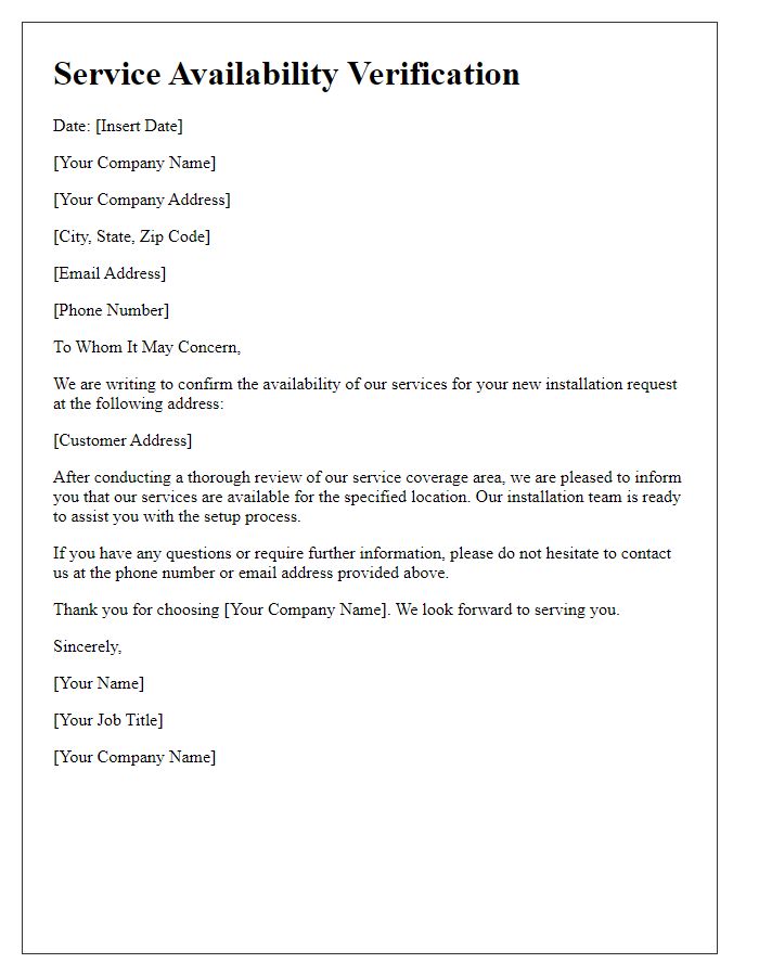 Letter template of service availability verification for new installations.