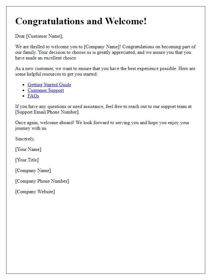 Letter template of Congratulations and Welcome: Onboarding for New Customers