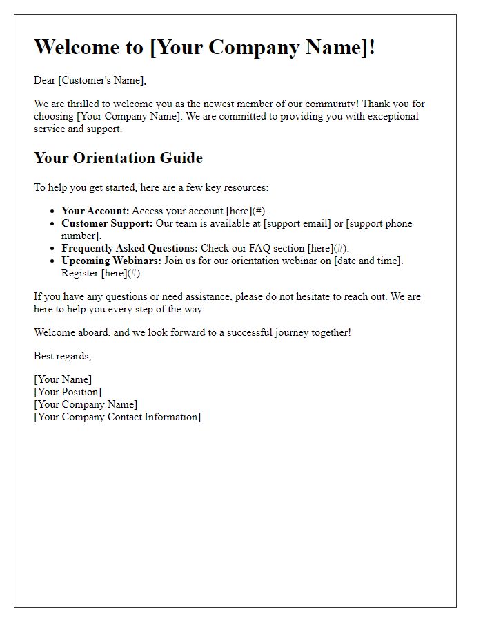 Letter template of New Customer Orientation: Welcome and Guide