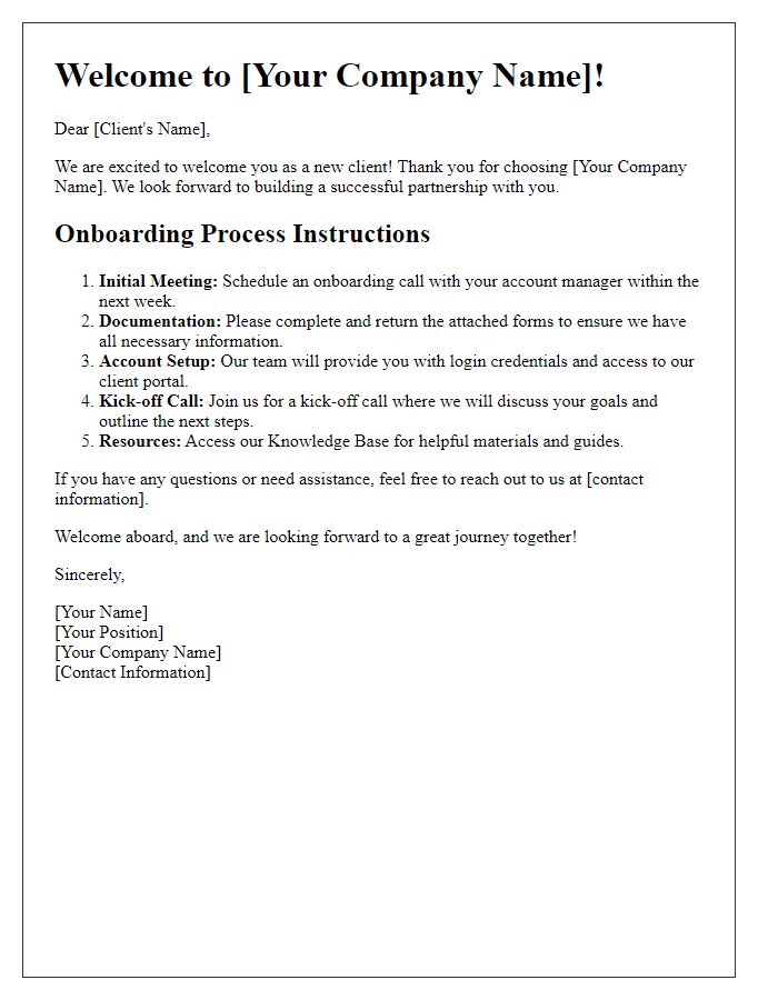 Letter template of Welcome and Instructions: Onboarding Process for New Clients