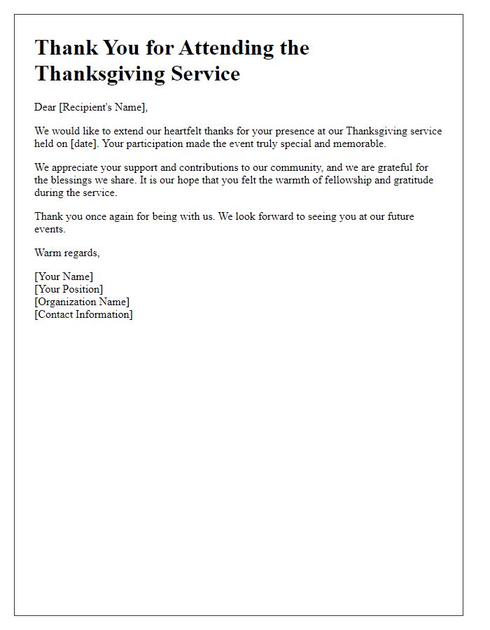 Letter template of Thanksgiving service thanks