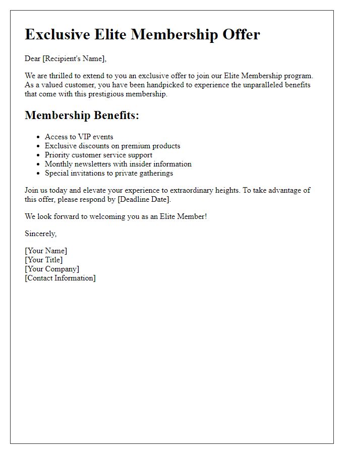 Letter template of elite membership offer