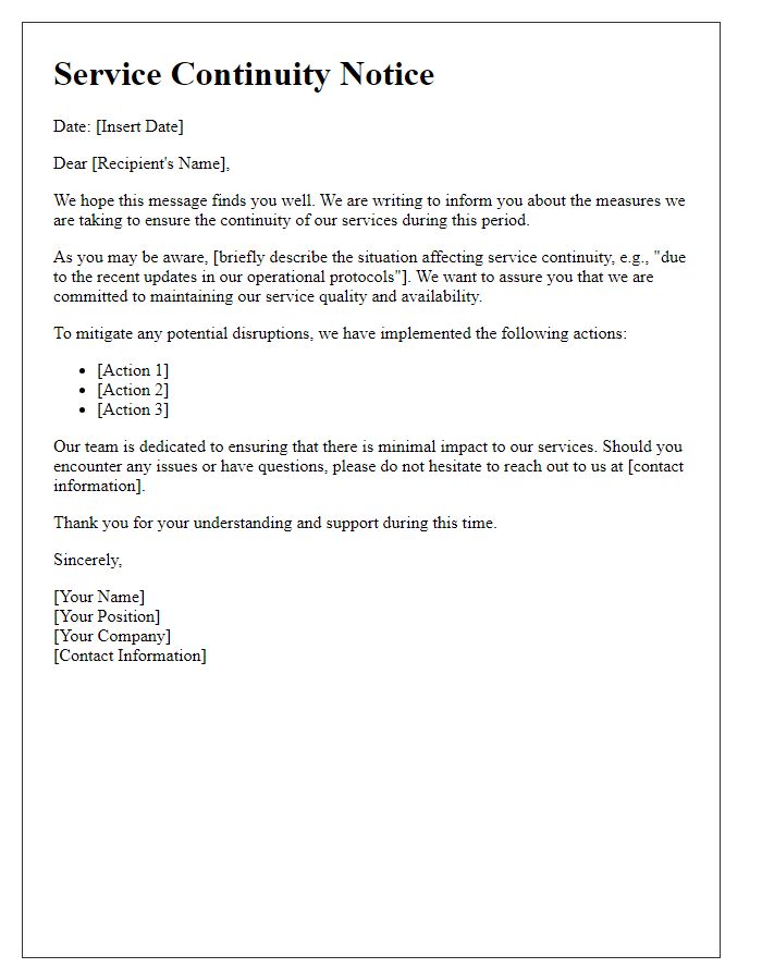 Letter template of service continuity notice