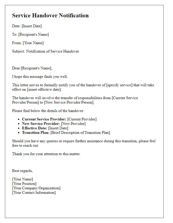 Letter template of service handover notification