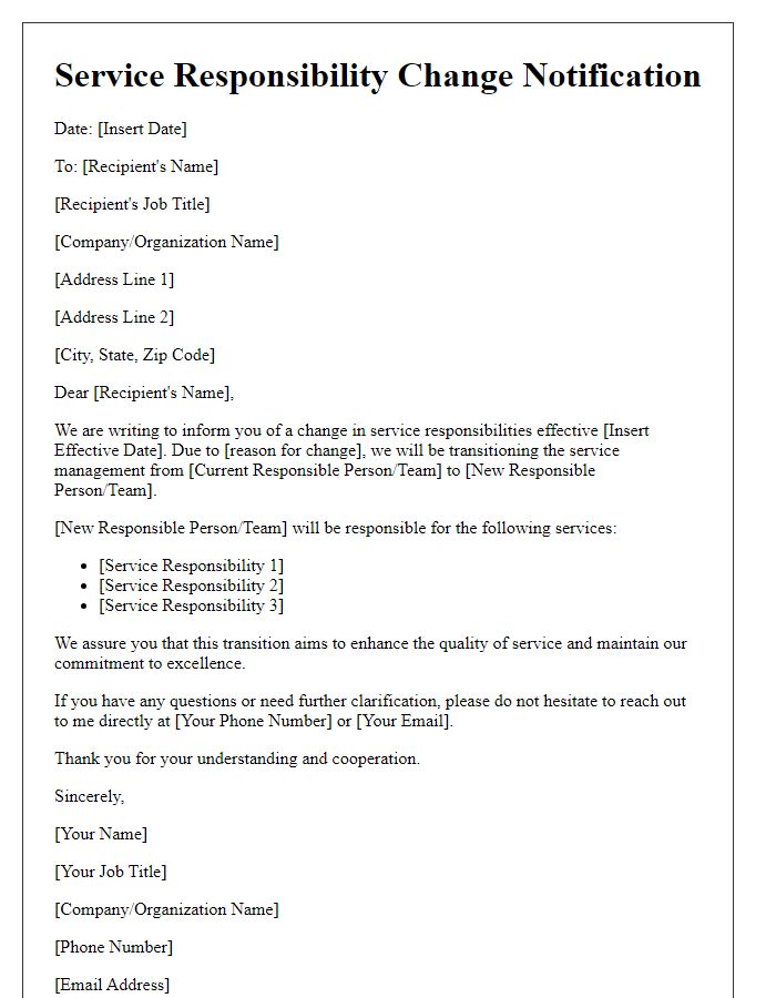 Letter template of service responsibility change