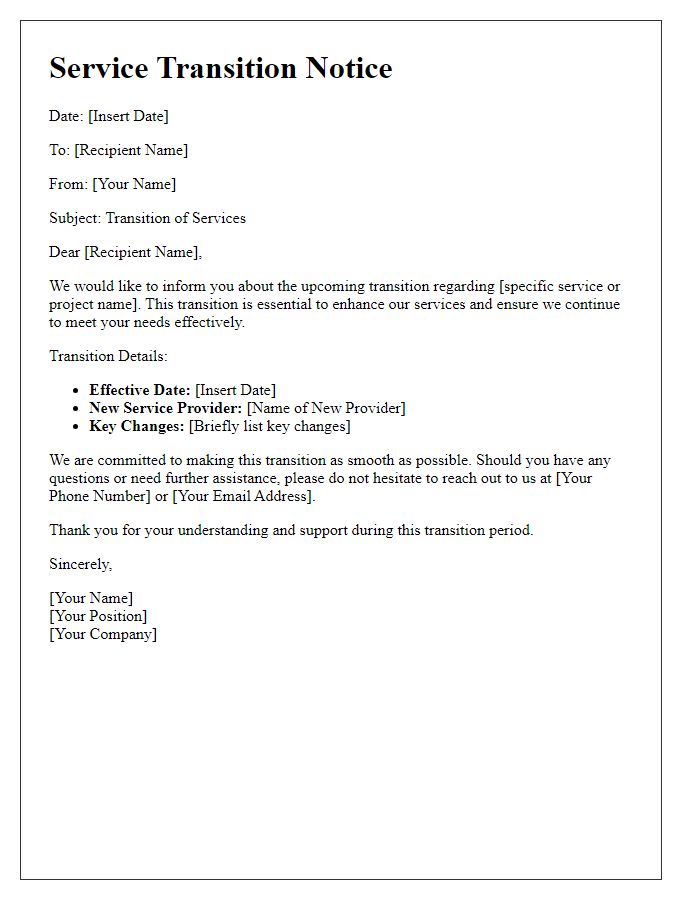 Letter template of service transition notice