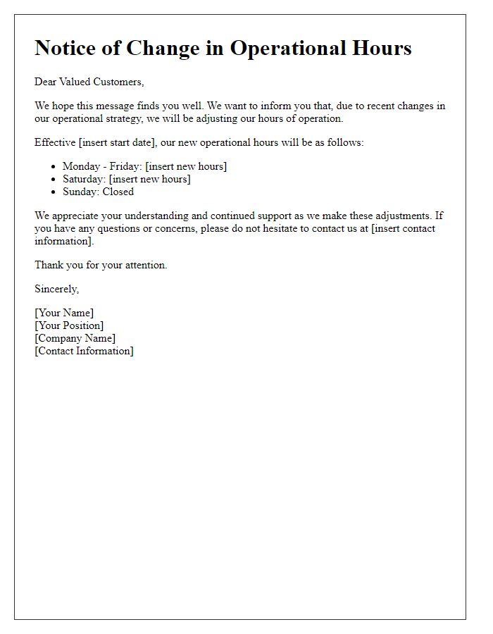 Letter template of advisory for changes in operational hours