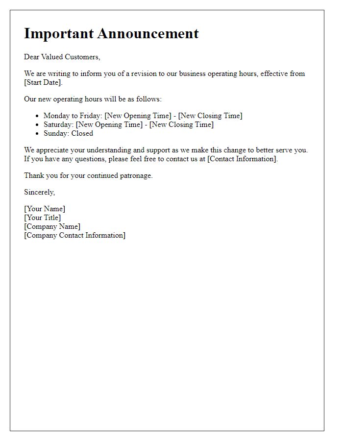 Letter template of announcement for revised business operating hours