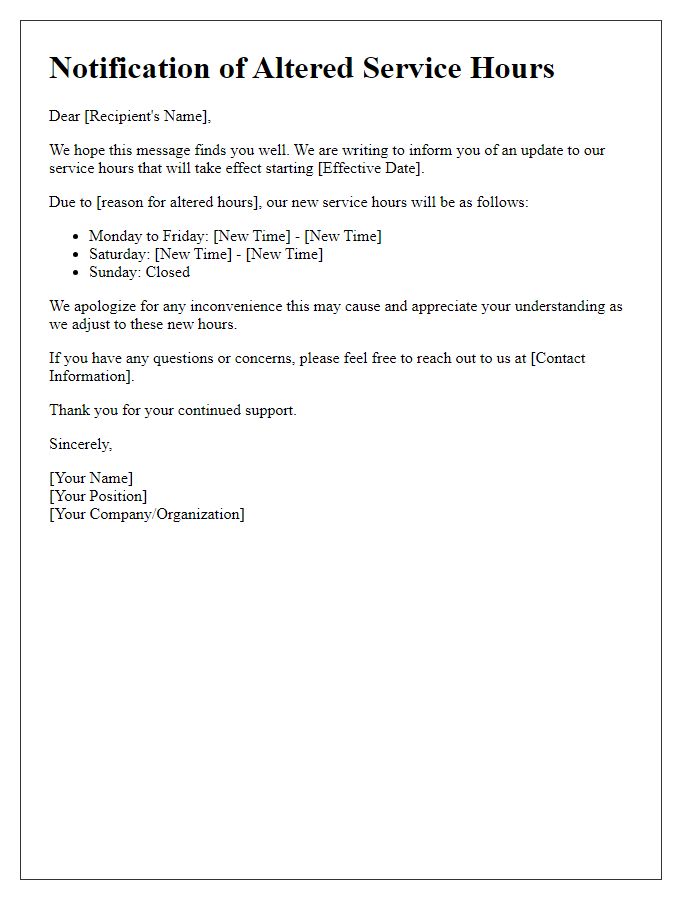 Letter template of communication for altered service hours