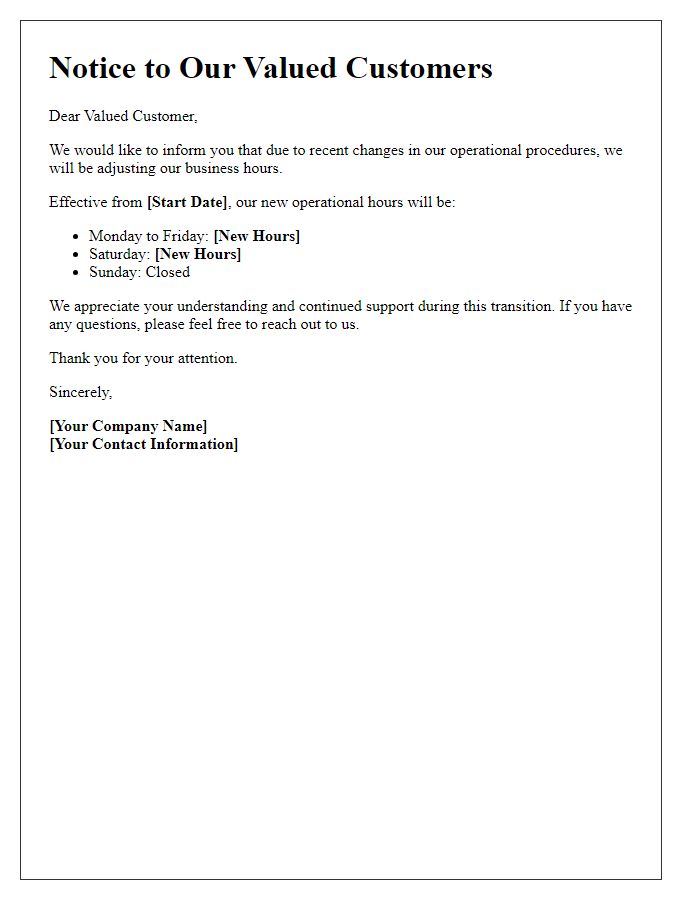 Letter template of customer notice for adjusted operational hours