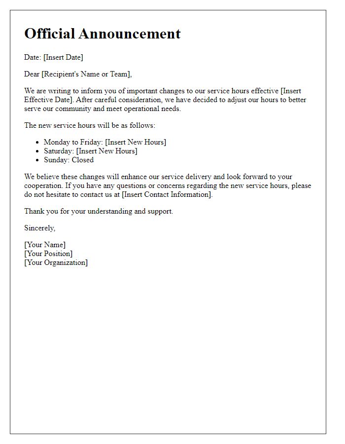 Letter template of formal announcement for service hour changes