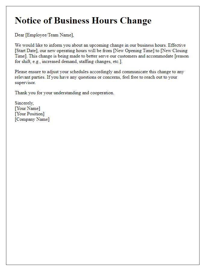 Letter template of information regarding business hours shift