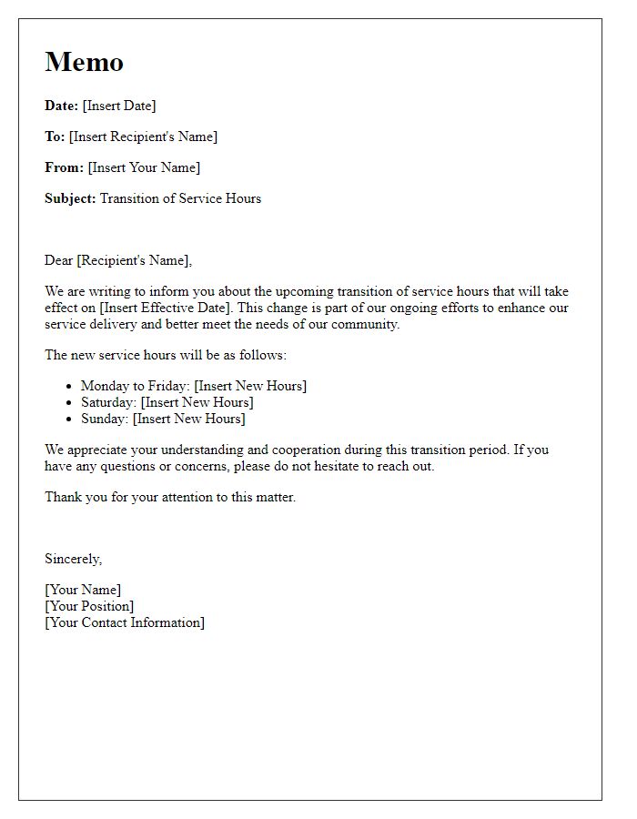 Letter template of memo for service hours transition