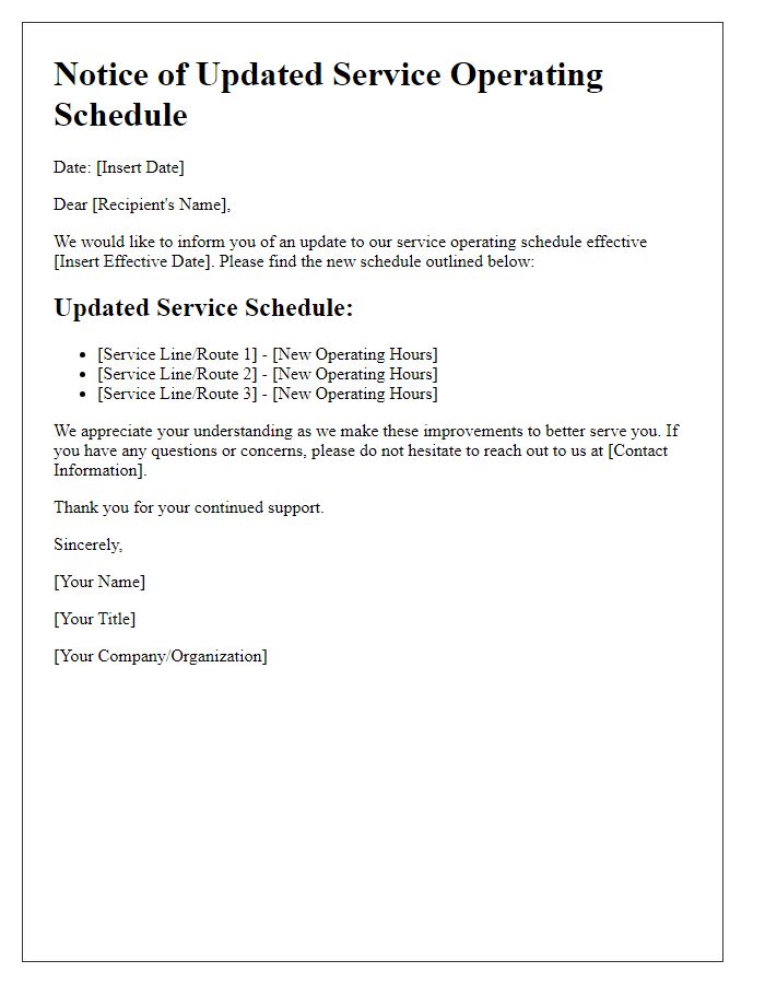 Letter template of notice for updated service operating schedule