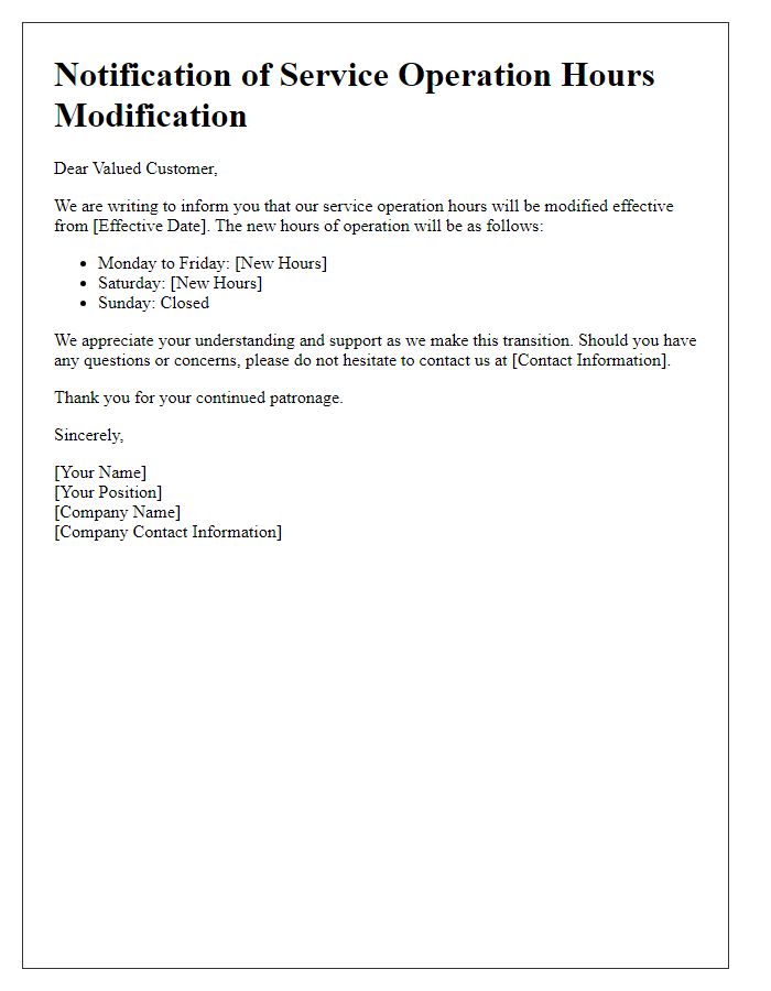 Letter template of notification for service operation hours modification