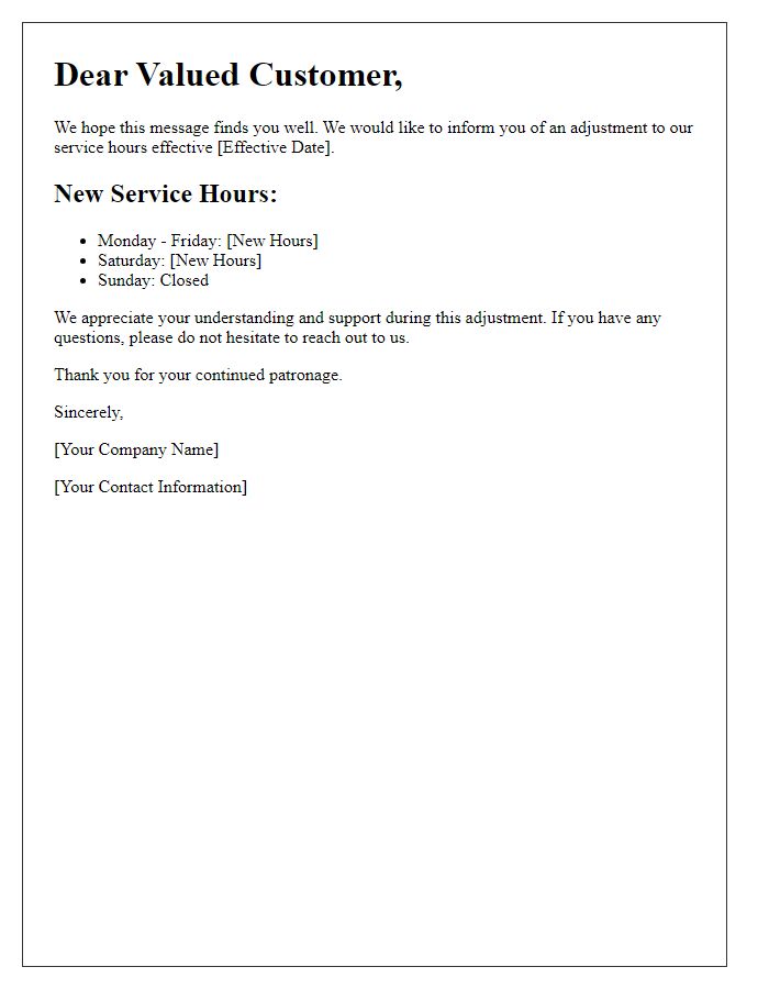 Letter template of update regarding service hours adjustment