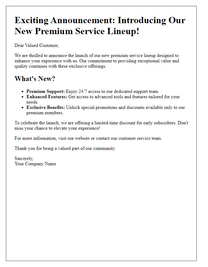 Letter template of announcing our new premium service lineup