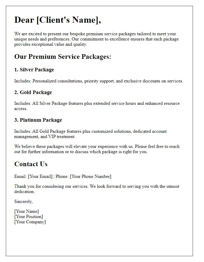 Letter template of detailing our bespoke premium service packages