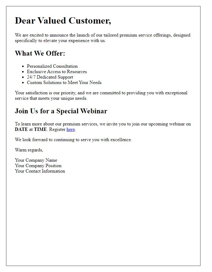 Letter template of unveiling our tailored premium service offerings