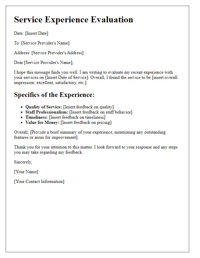 Letter template of service experience evaluation