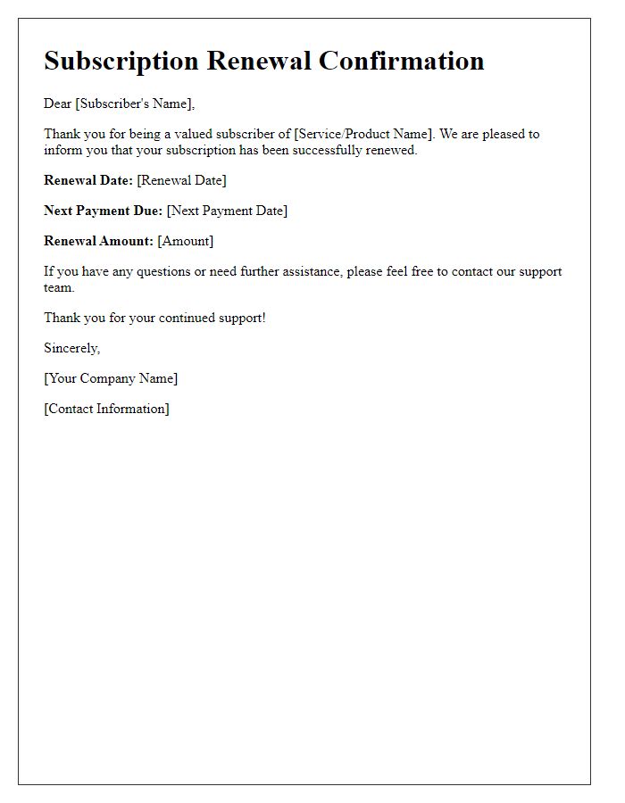 Letter template of subscription renewal confirmation