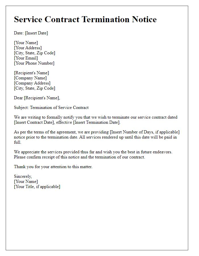 Letter template of service contract termination notice