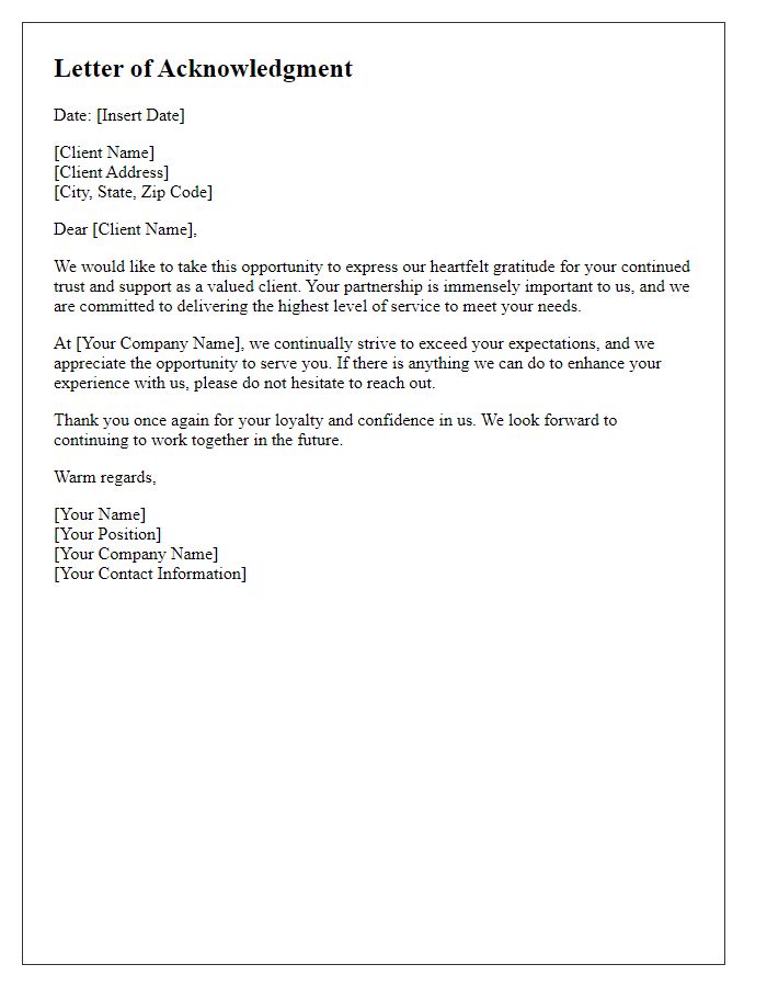 Letter template of acknowledgment for valued clients