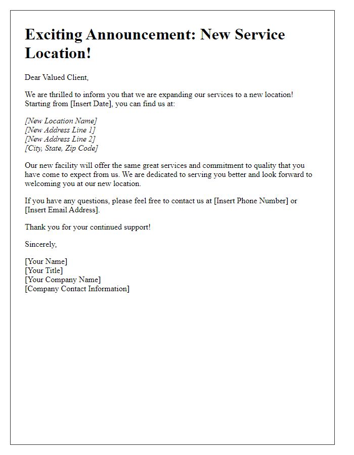 Letter template of new service location announcement for clients