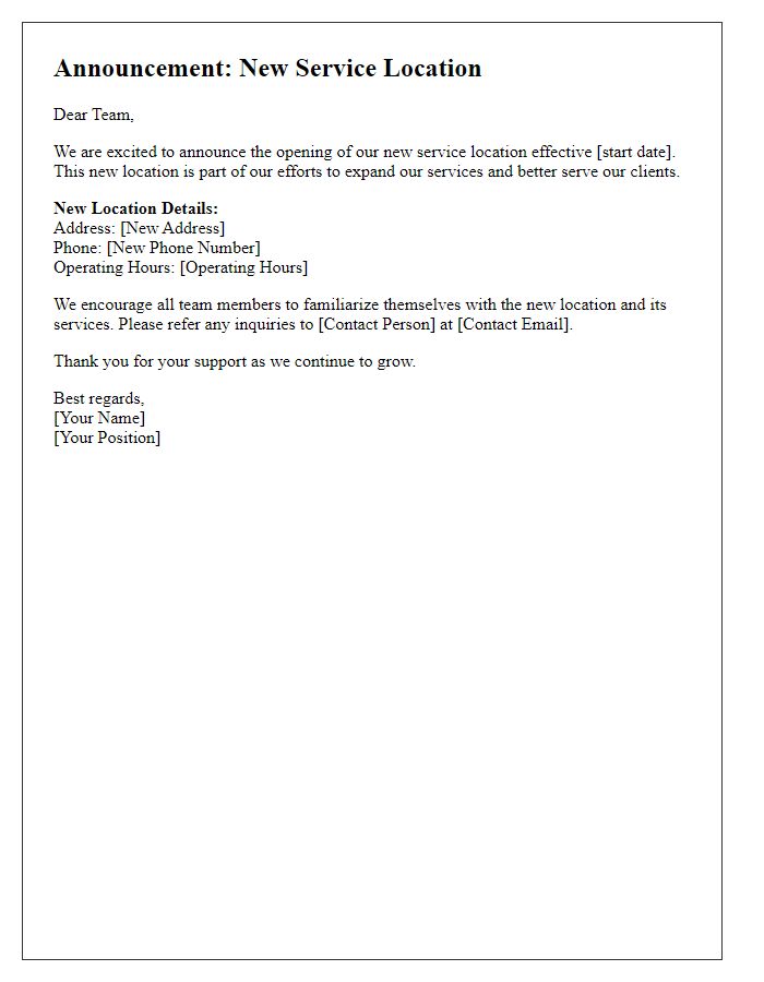 Letter template of new service location for internal team communication
