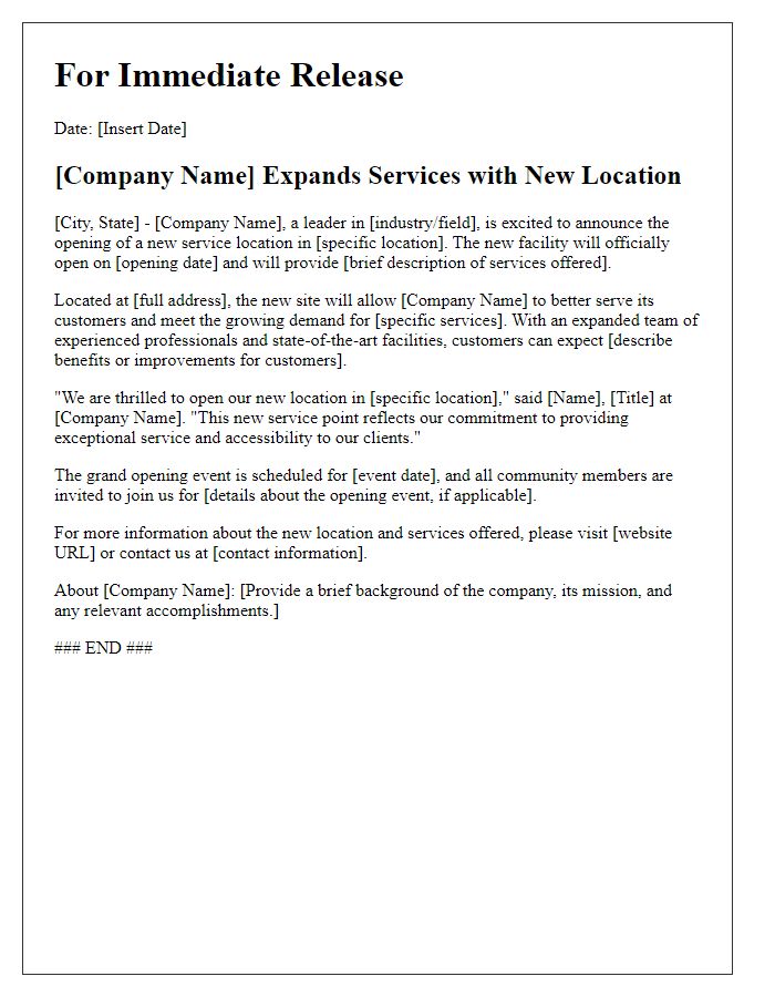 Letter template of new service location for press release