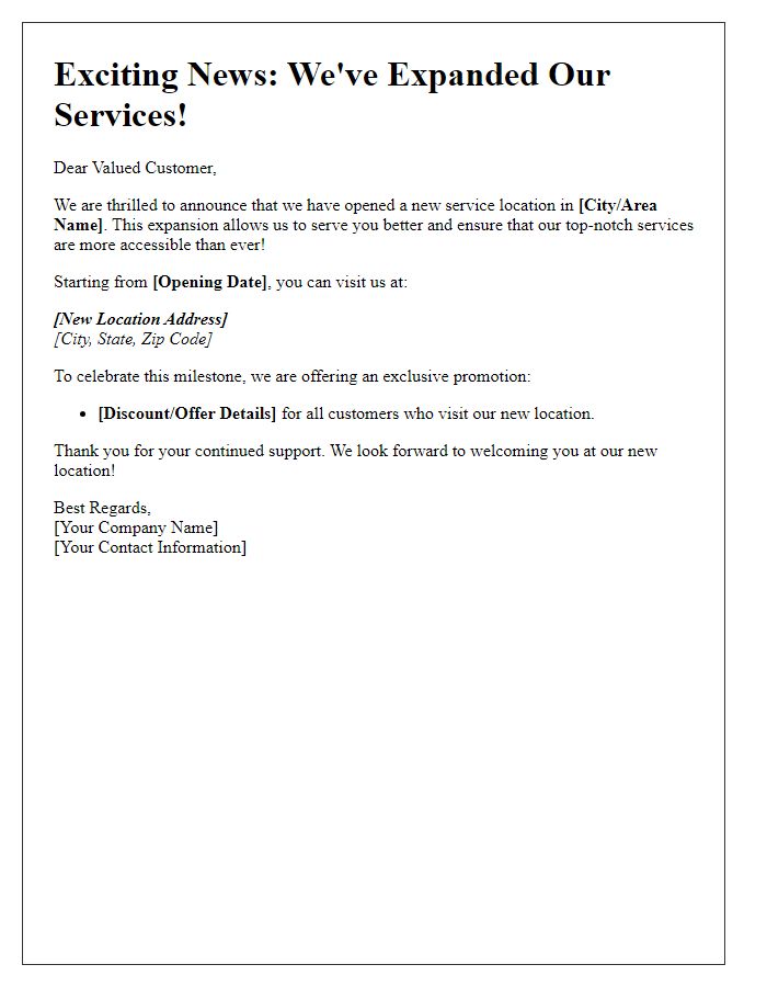 Letter template of new service location for promotional email