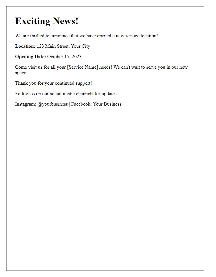 Letter template of new service location for social media post