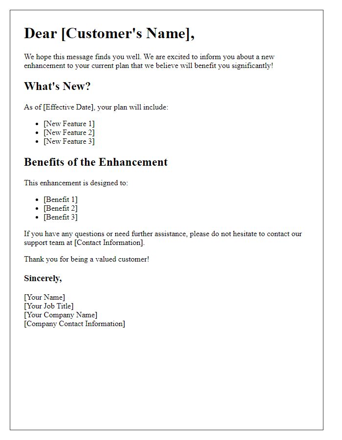 Letter template of customer plan enhancement