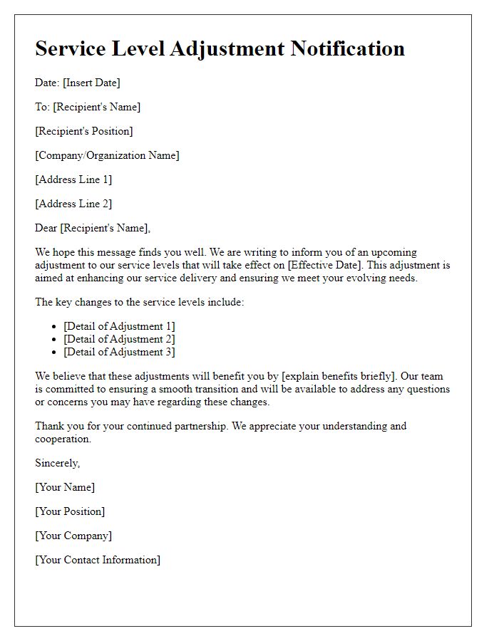 Letter template of service level adjustment