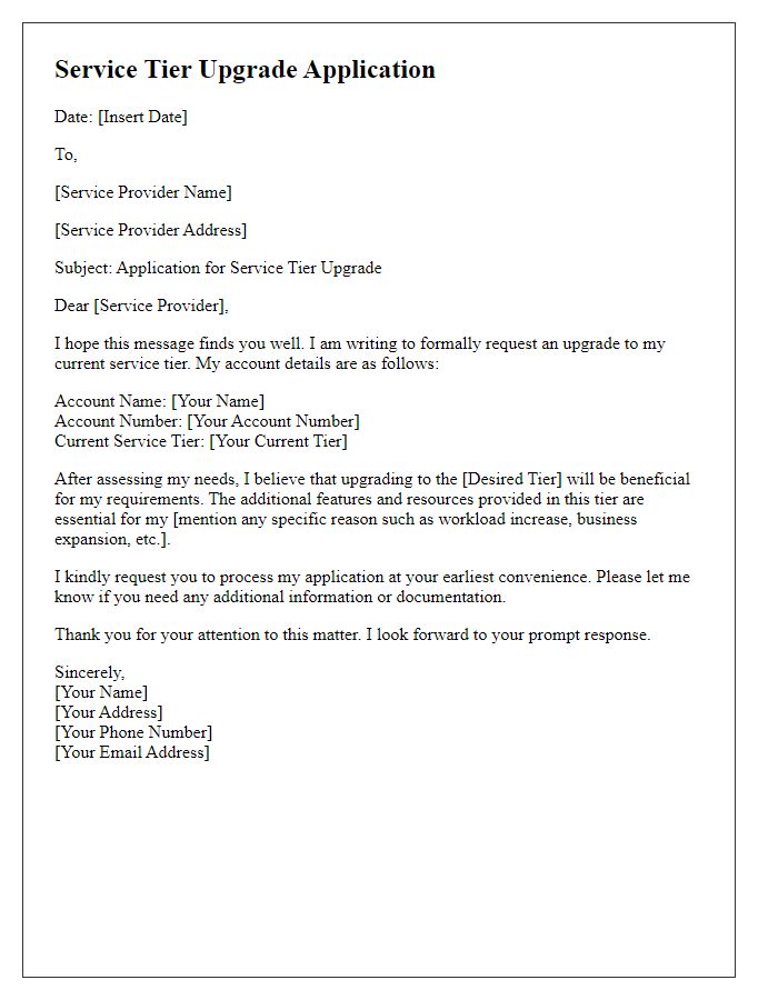 Letter template of service tier upgrade application