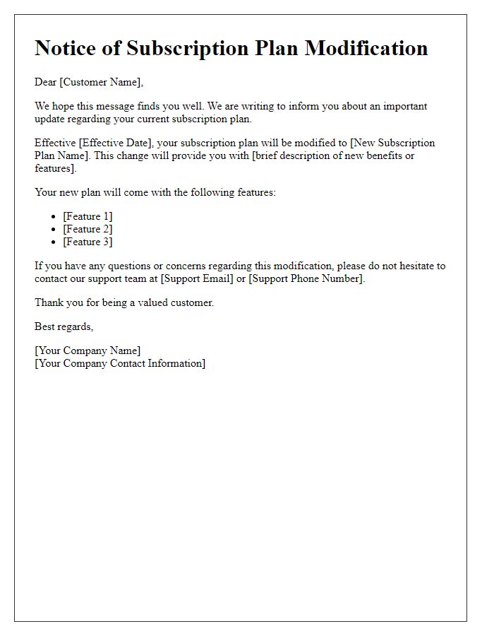 Letter template of subscription plan modification