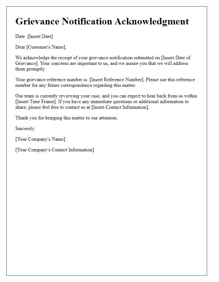 Letter template of grievance notification acknowledgment to customer.