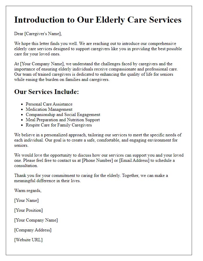 Letter template of introduction for elderly care services aimed at caregivers.