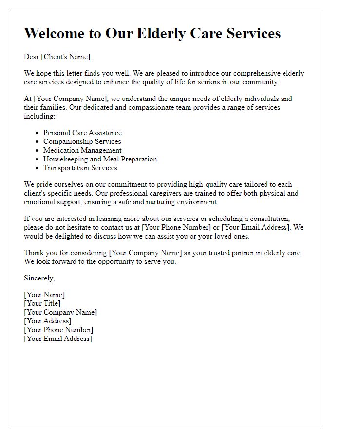 Letter template of introduction for elderly care services for potential clients.