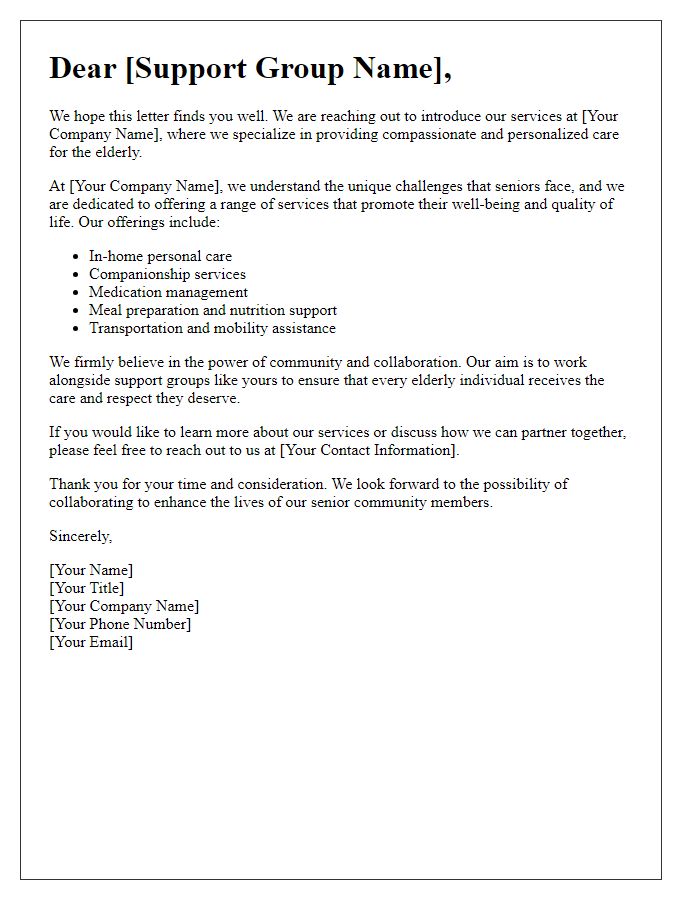 Letter template of introduction for elderly care services for support groups.