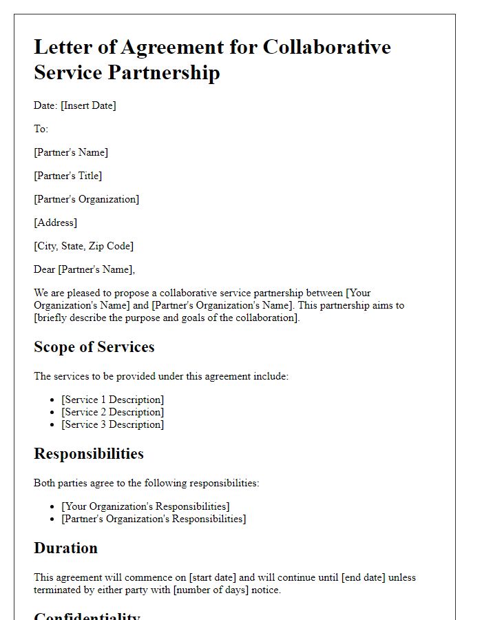 Letter template of agreement for collaborative service partnership