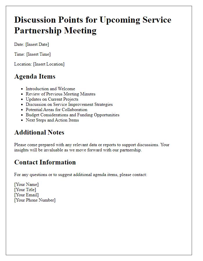 Letter template of discussion points for upcoming service partnership meeting